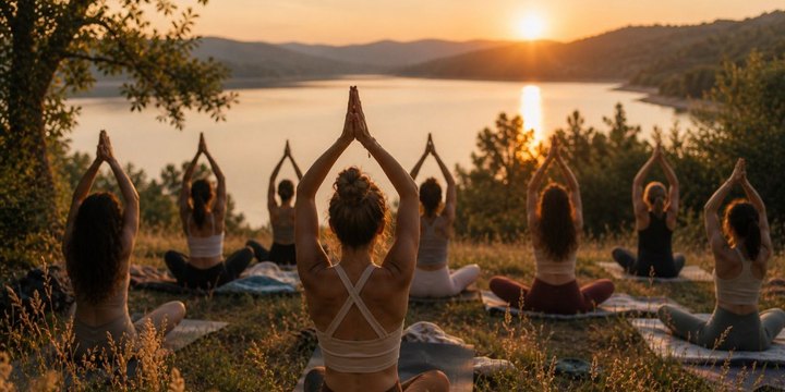 Pratique de yoga au coucher du soleil — Samsara Yoga Camp